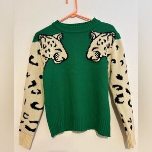 ANGASHION WOMEN'S green snow LEOPARD PRINTED SWEATER size medium
